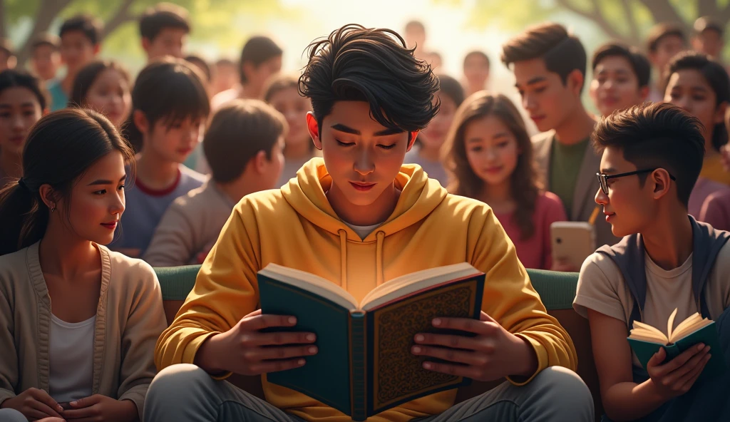 The image of a person reading a story with many people
