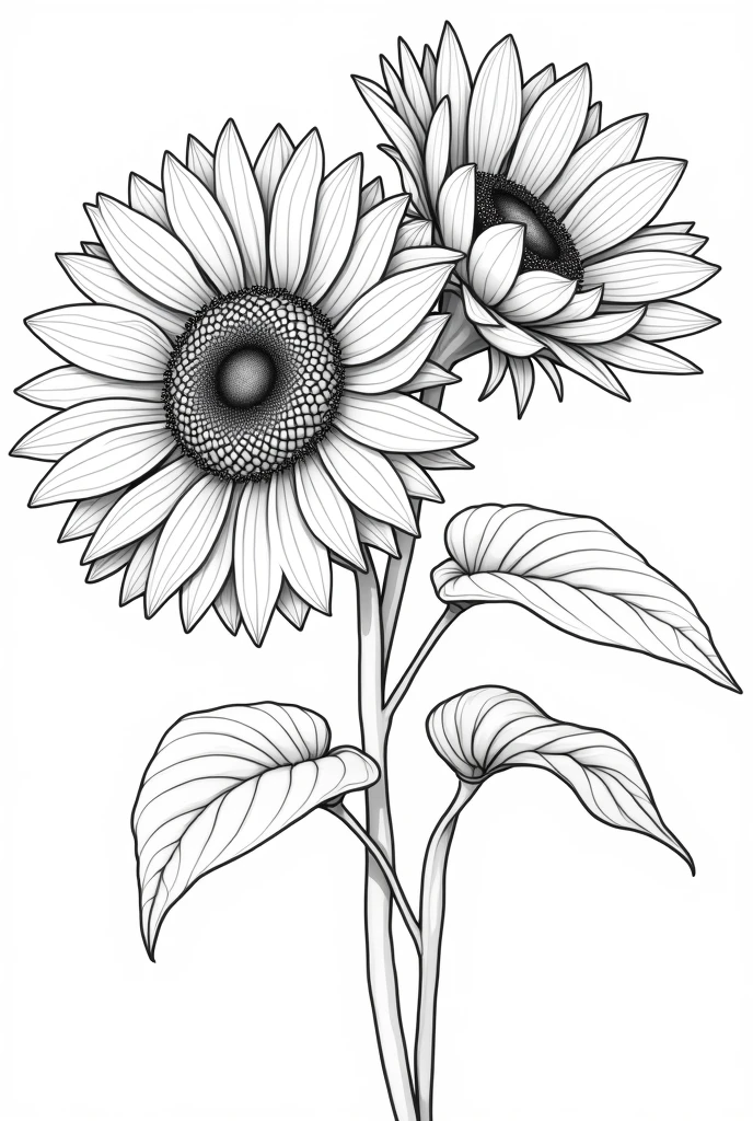 Make me a black and white template to color many flowers, big and beautiful flowers like sunflowers