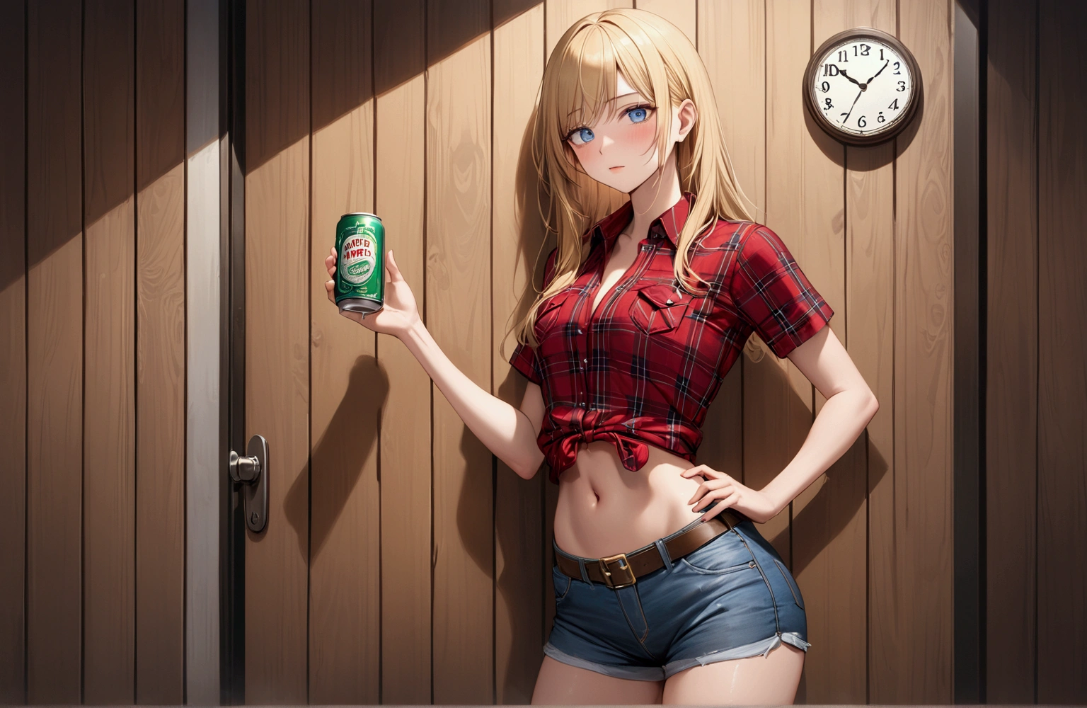 Woman with long blonde hair, blue eyes, Athletic build, Red plaid tight short sleeve collared cowgirl shirt, clock, Navel exposed, Denim hot pants, Brown belt with oval buckle, Please stand up straight, Drunk,Embarrassing,In front of a wooden wall,can of beer,Front view,Cowboy Shot,16K, Highest quality, masterpiece, Realistic, detailed