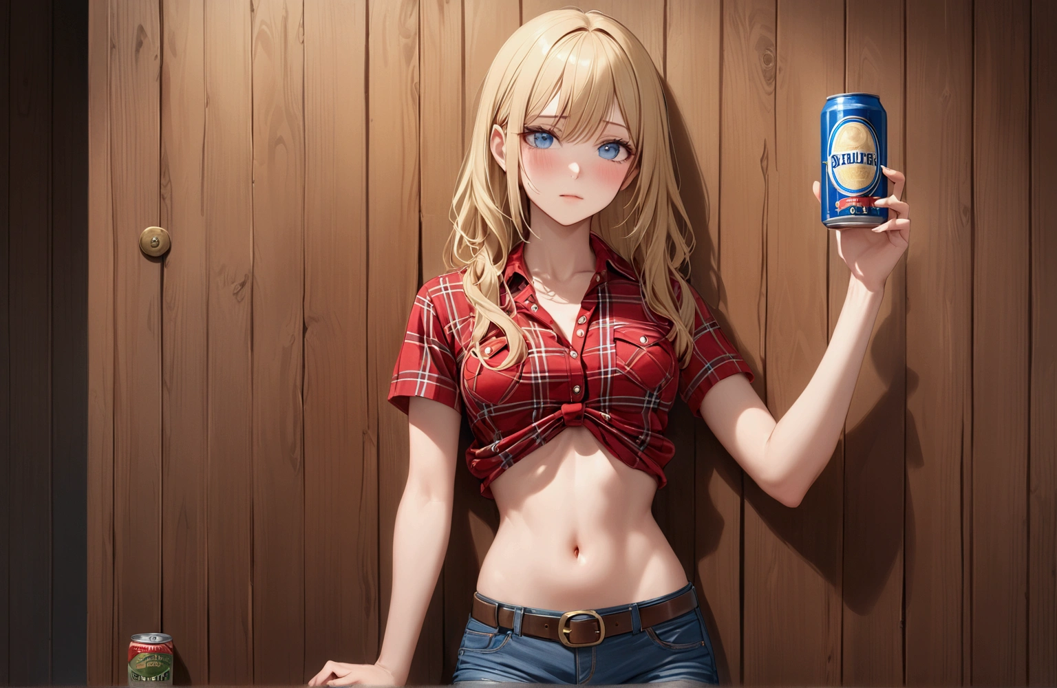 Woman with long blonde hair, blue eyes, Athletic build, Red plaid tight short sleeve collared cowgirl shirt, clock, Navel exposed, Denim hot pants, Brown belt with oval buckle, Please stand up straight, Drunk,Embarrassing,In front of a wooden wall,can of beer,Front view,Cowboy Shot,16K, Highest quality, masterpiece, Realistic, detailed
