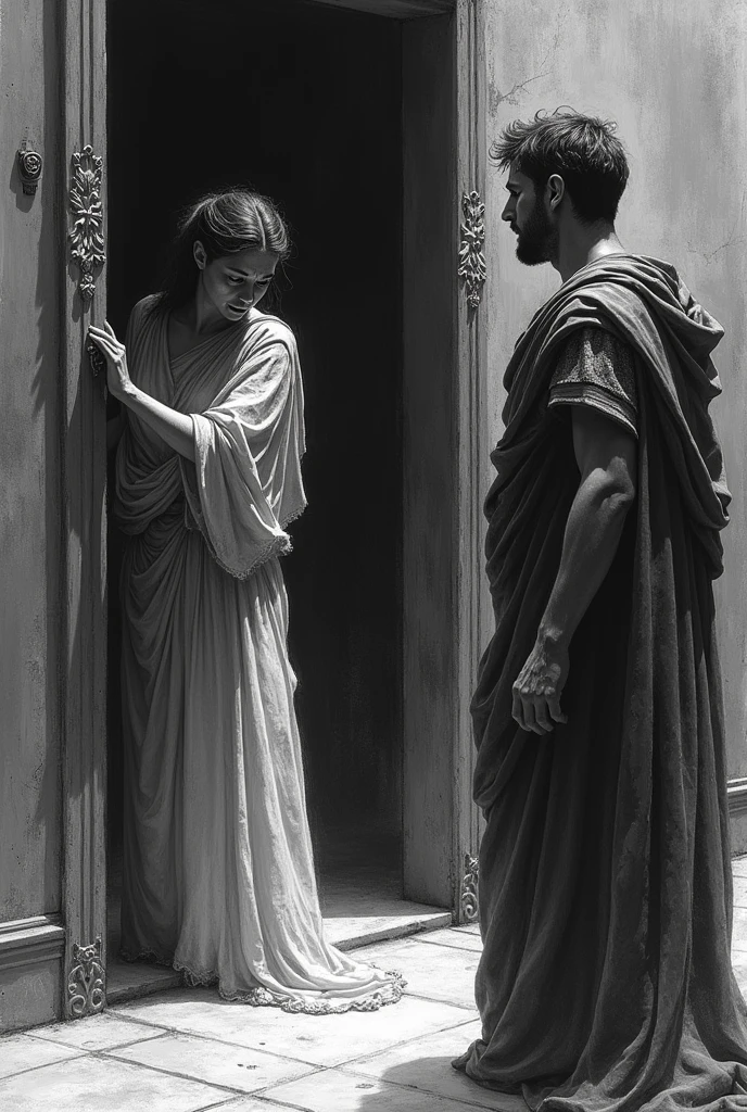 Make me a picture as if it were done in pencil where the scene of Queen Jocasta locking herself in her room and King Oedipus standing with the dark environment around them is shown.