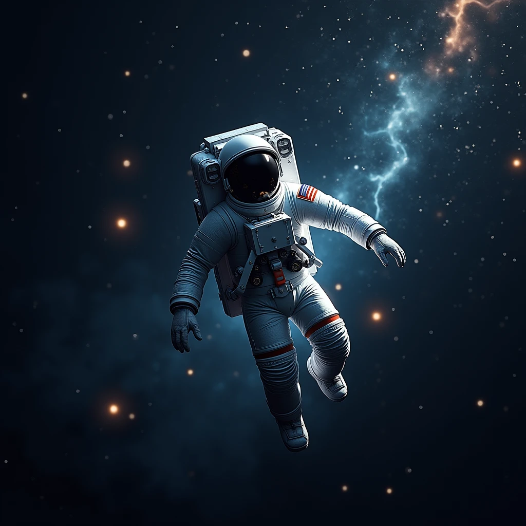 Astronaut floating in space.exterior , shines , Many stars , constellations , galaxies , a flash of light comes out of his suit 