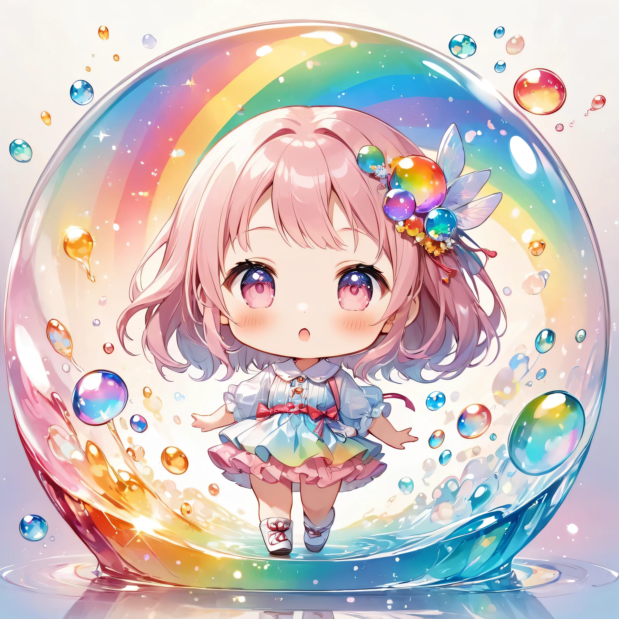 Hayao Miyazaki style, The most beautiful girl of all time, (((chibi))), (((かくれんぼ))), Cute Aliens, All in one, Tiny nuclei that shine in fantastical rainbow colors,and a completely melted jelly fusion, Very transparent material, High viscosity, Elasticity due to surface tension, Holographic sparkling reflections, Create an engaging impression on your audience