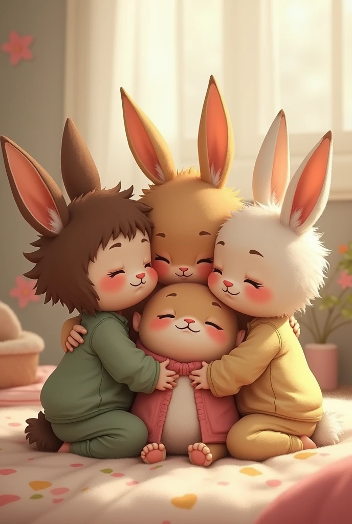 Four animal boys dressed in,3 boys and 1 girl rabbit snuggling together