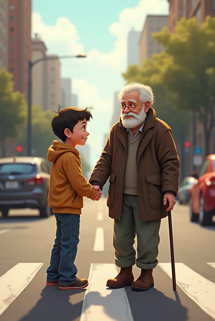 A boy helping old man to cross the road