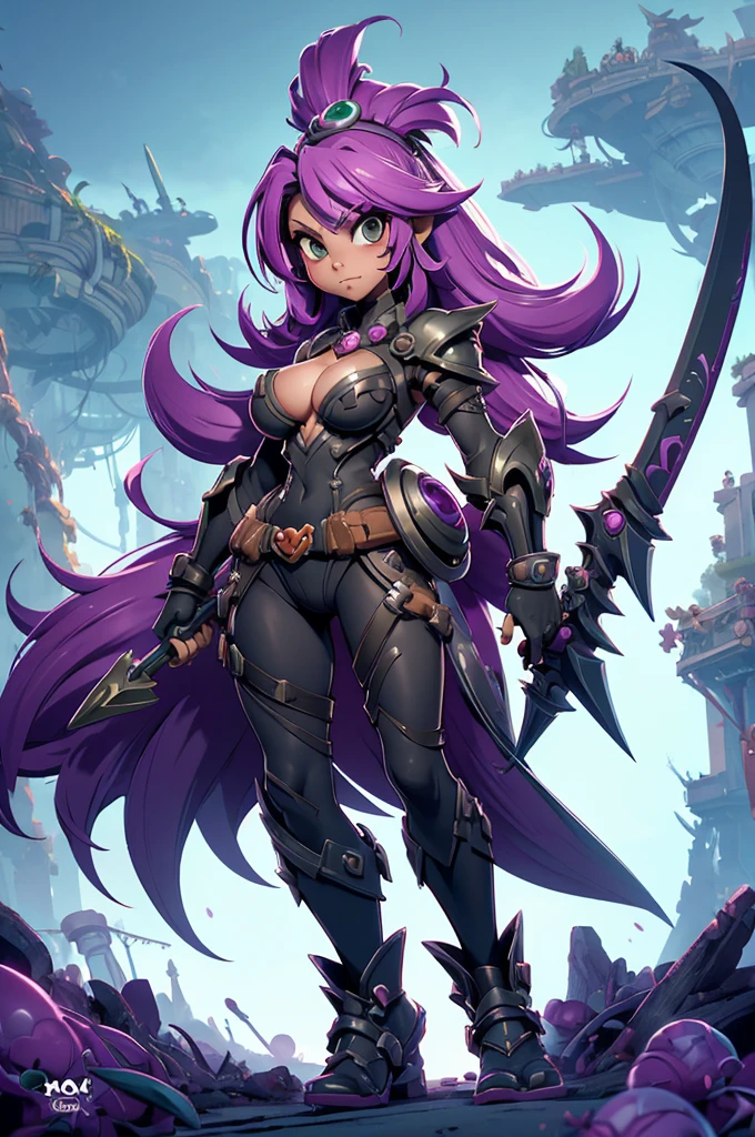 Rayman Legends style tree, character estilo art rayman legends, girl, fully body, STYLE mercenary with futuristic doom style weapons, Giant Accessories,Giant Monster, big breats,Little bunny,big breast, sensuality, elfo, mascot next door,doom style weapons,((doom armor))