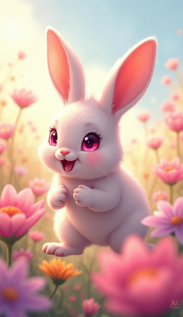 Close-up of a rabbit playing in a flower field,Pink eyes, High resolution, Illustration of movement, Background blur, Reality, Soft Light, Character Design, Anime Style, 