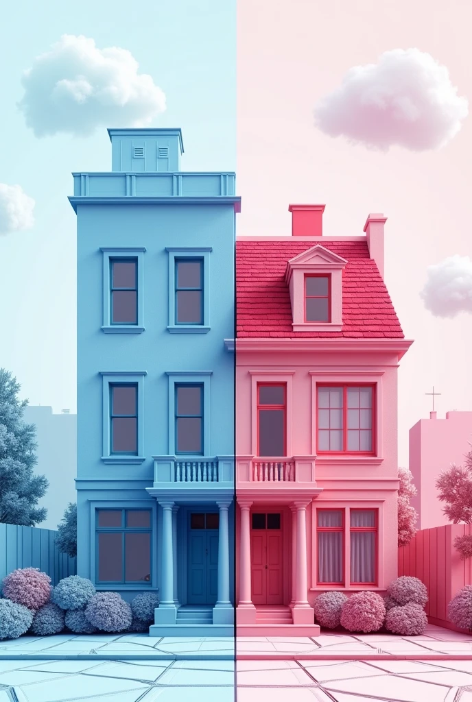 "A card with a divided image: one half shows a cheerful light blue apartment building, and the other half features a charming pink Victorian-style house. The colors should blend in the center to signify the card's versatility. Overlay text should include 'Light Blue/Pink Wild Property' in a bold, modern font. The design should highlight the smooth transition between these two distinct property colors."