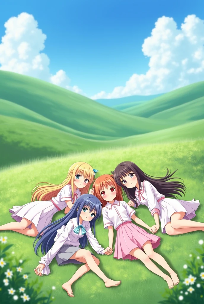 Five anime girls lying on the field holding hands