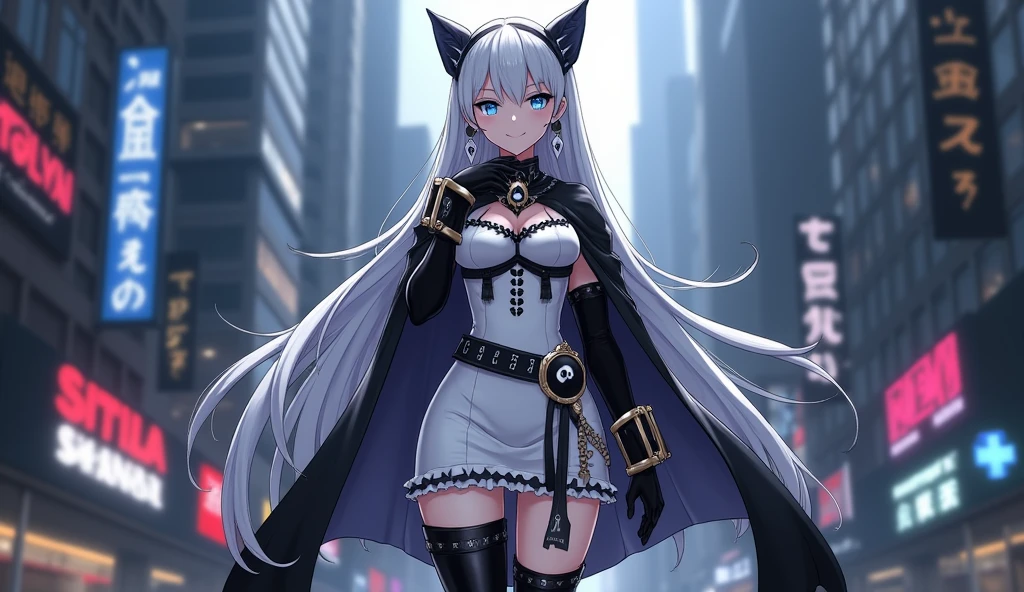 jirai kei, anime, ecstasy, audience, dark persona, long hair, straight hair, smirk, teasing, hand on own chin, evil smile, trap, 1 boy, sissy boy, femboy, dark blue eye, boots, knee high socks, white and black hair, two tone half color hair, city, black cape, frills, runes, tassels, feng shui, white dress, belts, earrings, chains, yin yang, beautiful art, depth of field, high res, perfect face, detailed outfit