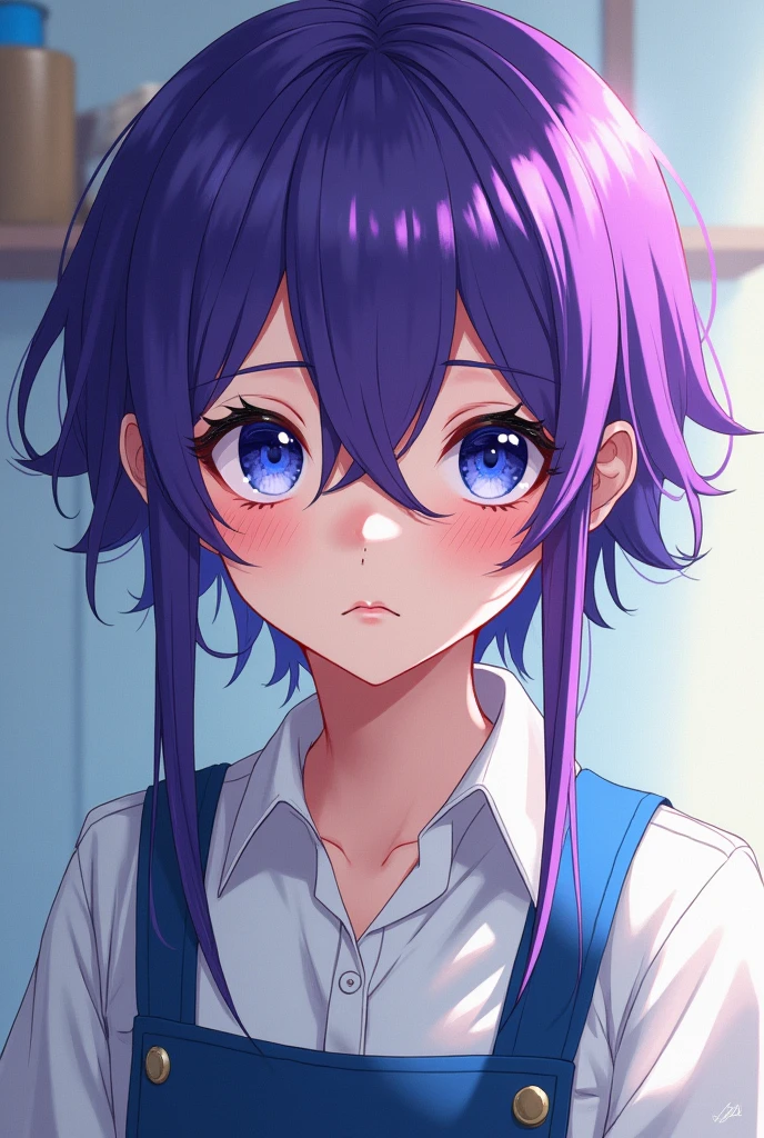 Generate in manwha style a young boy with purple hair with two long black locks, blue eyes, parts, White skin, two bandages on his cheeks, a white shirt with a blue apron and piercings in his ear