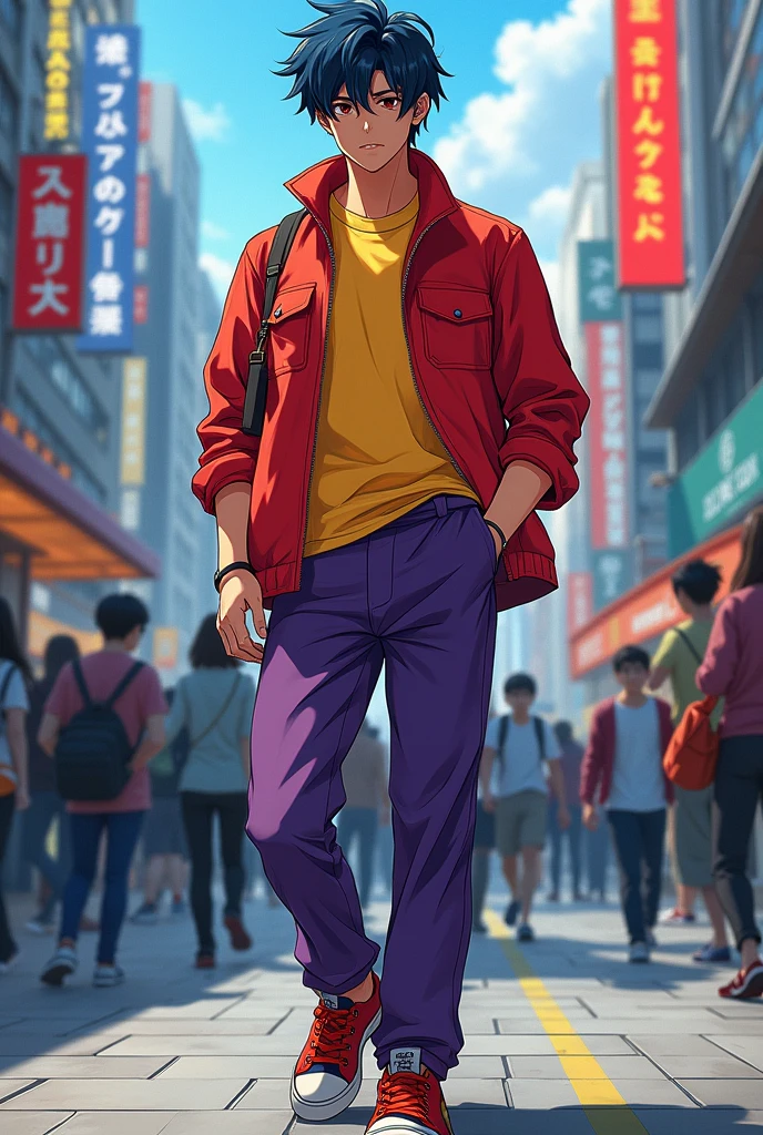 1 Japanese man,Age 23,I am black and blue.,Yellow short sleeve shirt,Red Jacket,Purple trousers,Red and black sneakers,behind,The company has people.,Beautiful anime