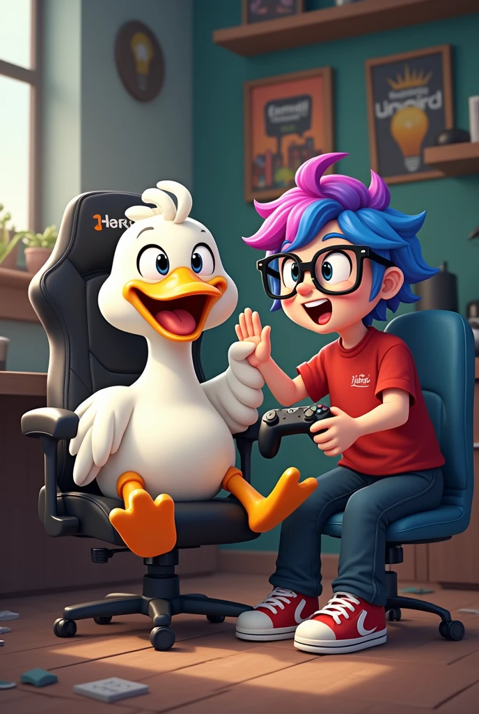 The goose is sitting on the gaming chair with a big smile, holding a video game controller as he appears to be enjoying the game. Next to him, an adult gamer with vibrantly dyed hair and large-framed glasses offers him a high-five. Both display a relaxed and friendly attitude, reflecting the positive energy and connection between the brand and the gaming community. In the background, you can see a disorganized room, some posters of popular video games, and a shelf with Gansito branded products.
