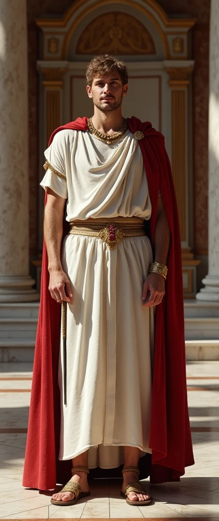 Front view, looking at viewer, on floor in ancient Roman palace , AD 4, 1 Male , Constantin's I, He is 55-age , (light brown hair, shot hair, permanent hair, Brown eyes, little smile), ((Greek diadem crown ,White head band Crown with jewel:1.3) , (wearing White an ancient Roman imperial ionic tunic:1.5), (Red Cloak put on shoulder:1.3), ((leather Sandal)), in Palace, in Constantinople, (holding one kingdom wand:1.3), stand on Mable floor , gorgeous Mable kingdom chair, textured skin , HI detailed skin, (foreshortening, Canon, 8k, anatomically correct, super detail, high details, highness,