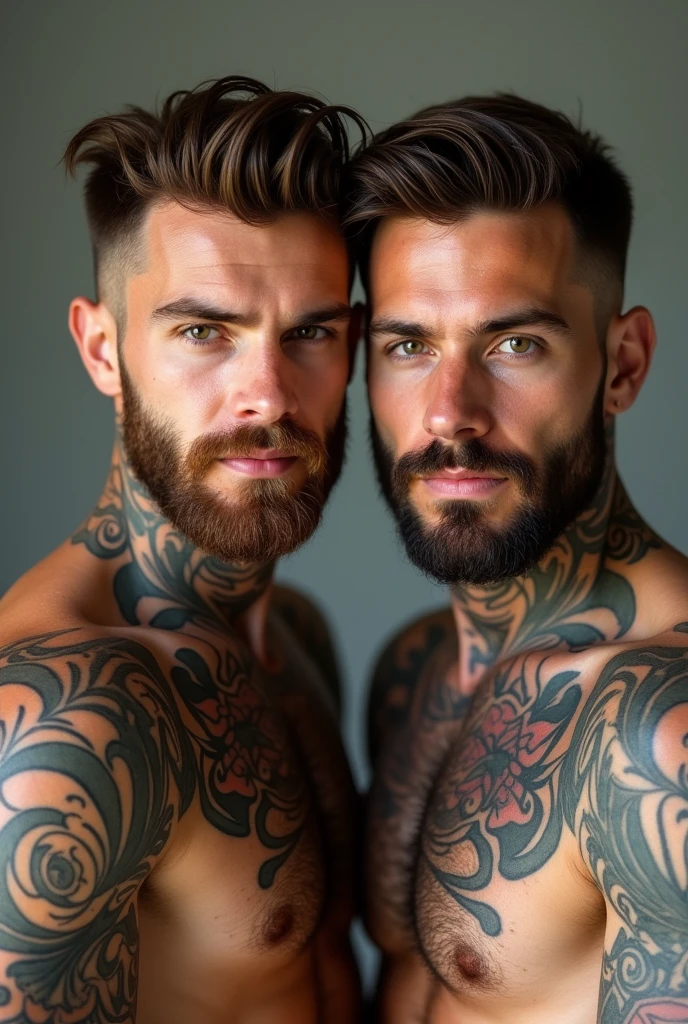 2 man, tatuados, brownhair, thinner beard, Selfie, Very realistic 
