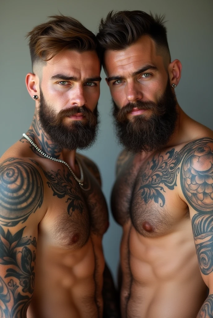 2 man, tatuados, brownhair, thinner beard, Selfie, Very realistic