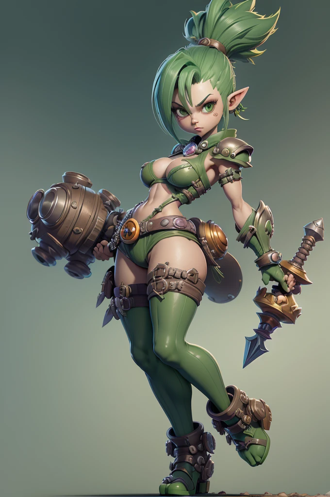 Rayman Legends style tree, character estilo art rayman legends, girl, fully body, STYLE mercenary with futuristic doom style weapons, Giant Accessories,Giant Monster, big breats,Little bunny,big breast, sensuality, elfo, mascot next door,doom style weapons,((doom armor))