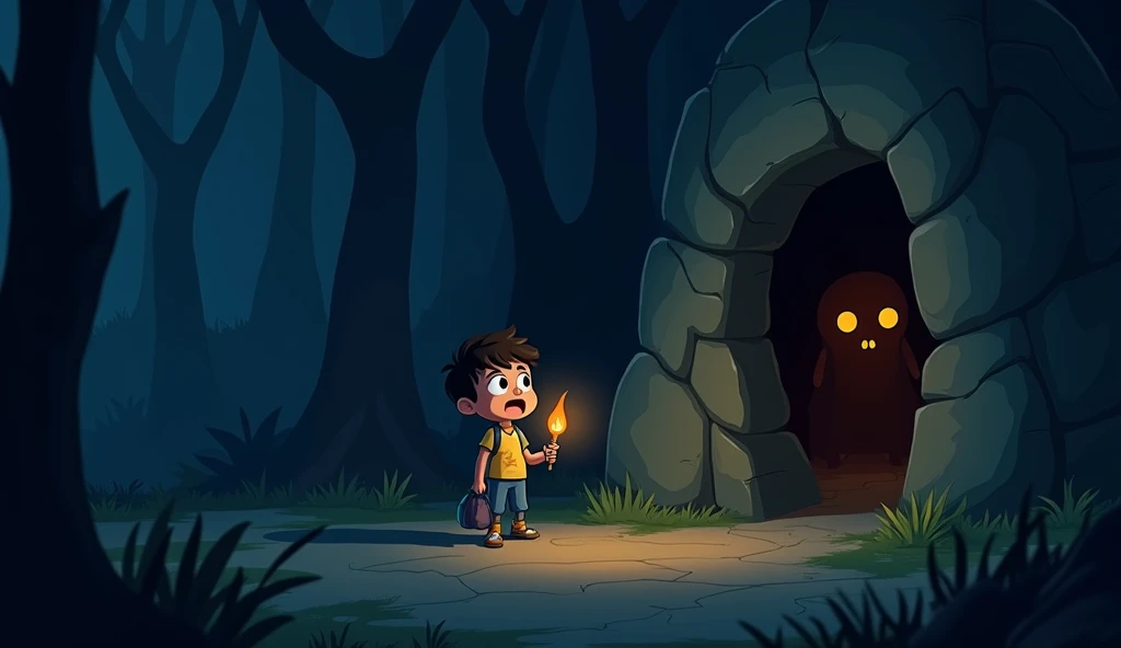 In Cinematic 3d cartoon style "Create a captivating and eerie YouTube thumbnail for a Hindi cartoon story titled 'Jadui Gufa.' The scene is set at night, with a young boy standing outside a dark, mysterious cave in a dense forest. He holds a torch in one hand and a bag in the other, illuminating his surroundings. The boy's face shows a mix of fear, curiosity, and determination as he gazes into the cave from a distance. Inside the cave, strange, glowing objects or creatures are faintly visible, adding a sense of mystery and danger. The overall atmosphere should be dark and foreboding, with the torchlight casting long, ominous shadows."