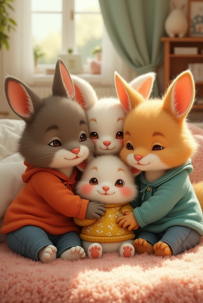 Four animal boys wearing clothes and pants,3 boys and 1 girl rabbit snuggling together