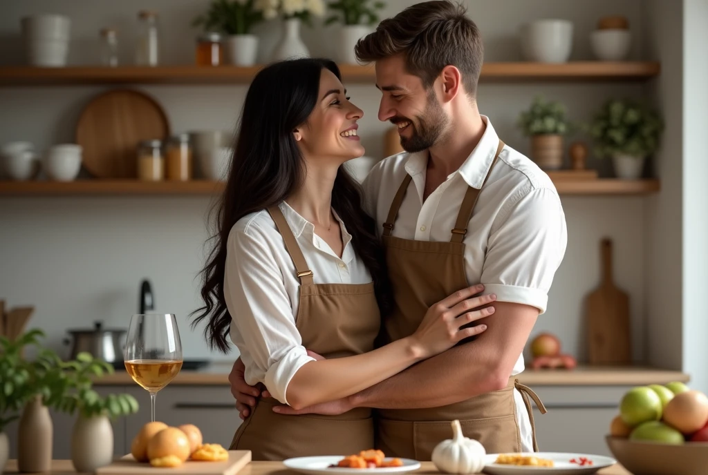 High Resolution, Masterpiece, Accurate, Detail, High Quality, Realistic photo. A 2 wife, long dark hair, white skin, height: 155 cm, weight: 45 kg. A 30 year old husband, short hair, white skin, wearing a white t-shirt, height: 160 cm, weight: 55 kg. Couple in a kitchen. They are standing close together, with the man's arm around the woman's waist. The woman is wearing a brown apron and has long dark hair. They both have big smiles on their faces and are looking at each other lovingly. In the background, there is a wooden shelf with various kitchen items, including a jar of honey, a bunch of garlic, and a vase of flowers. On the table in front of them, there are plates of food and a glass of wine. The overall mood of the image is happy and romantic.