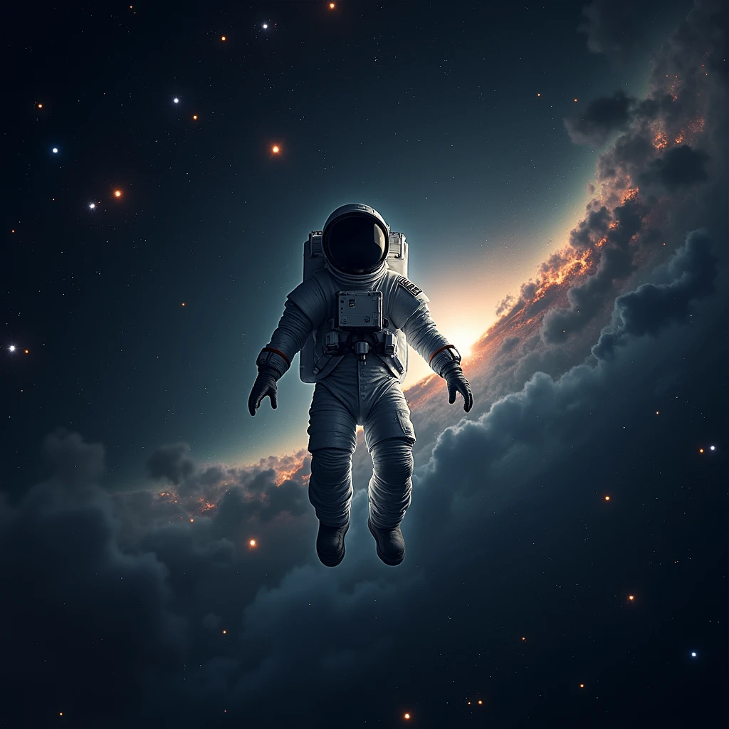 Astronaut floating in space.exterior , shines , Many stars , constellations , galaxies , a flash of light comes out of his suit