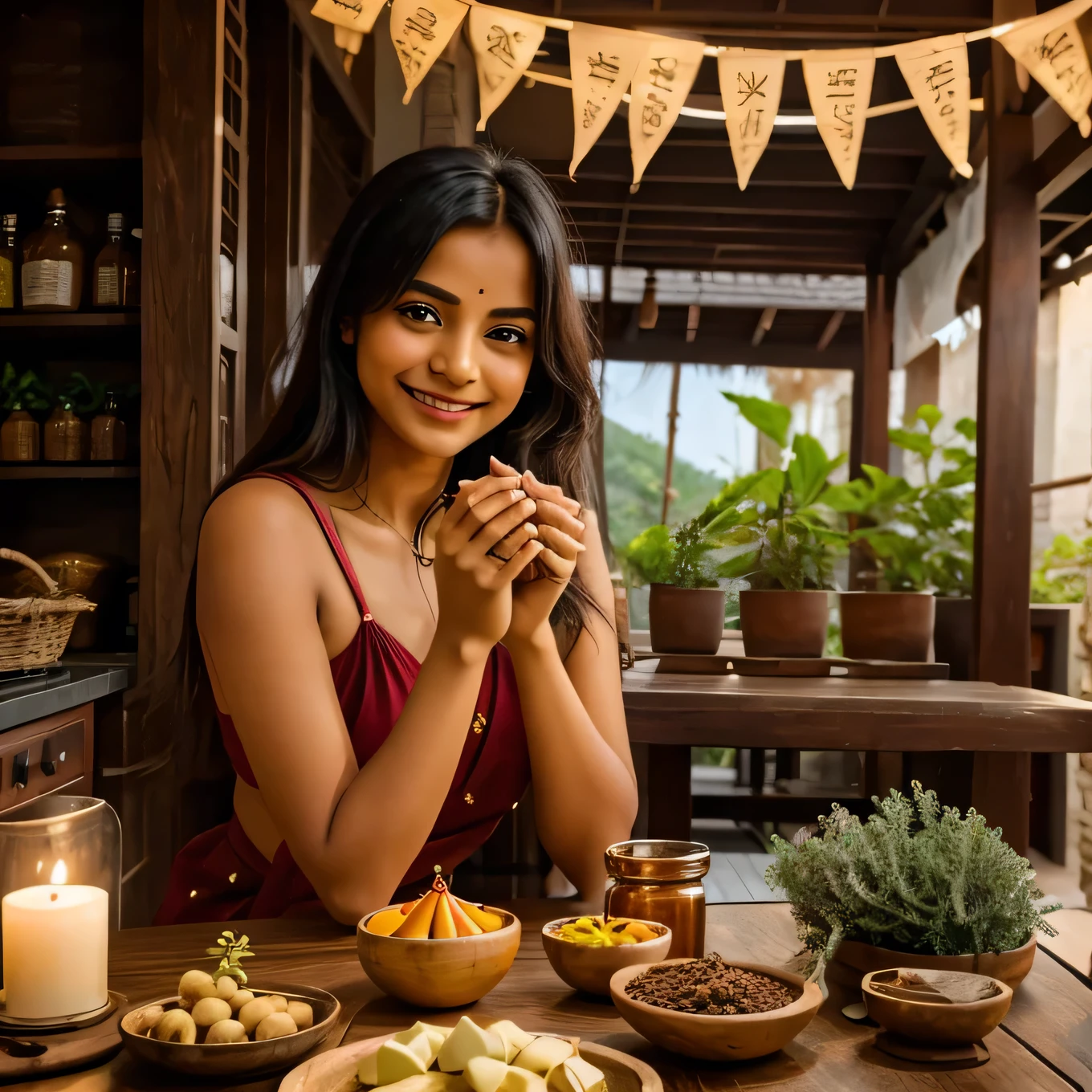 Beautiful girl sitting in a cozy, natural setup, smiling at the camera in sitting on table and in hand Showing ingredients like तुलसी, हल्दी, शहद on a table