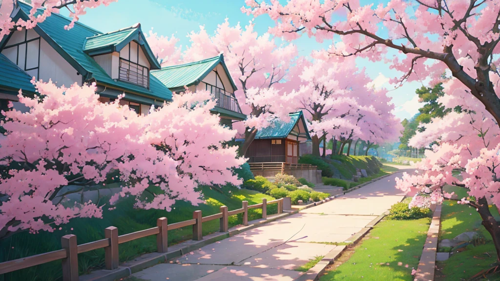 japanese town landscape, vegetation, windy, anime style, detailed, low angle, pastel colors, sakura, windy, people walking