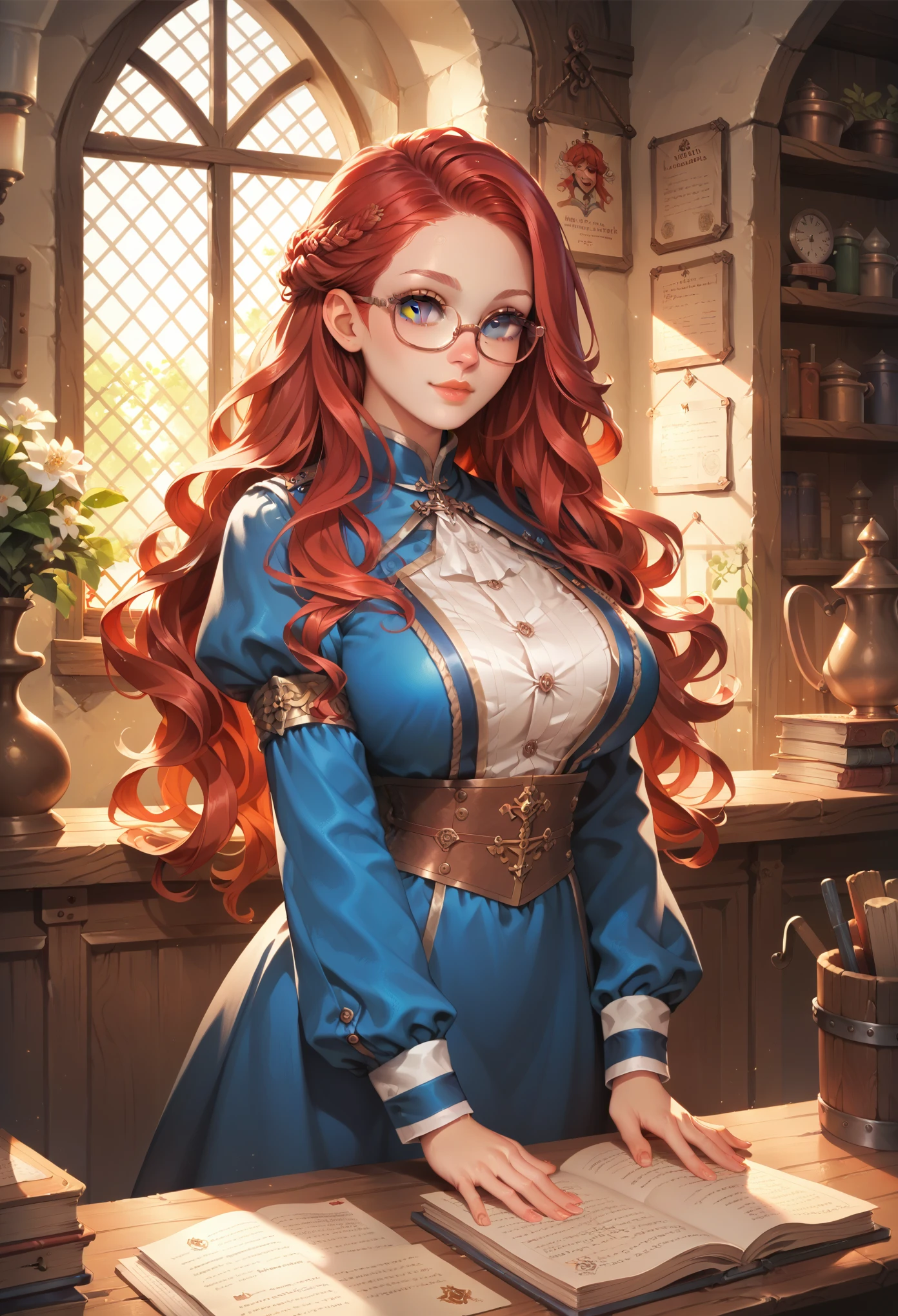 Guild girl, receptionist, ((medieval fantasy)), (another world), , red hair, wavy long hair, purple eyes, glasses, big breasts, receptionist uniform, blue and white uniform, calm atmosphere, reception counter ,analog,