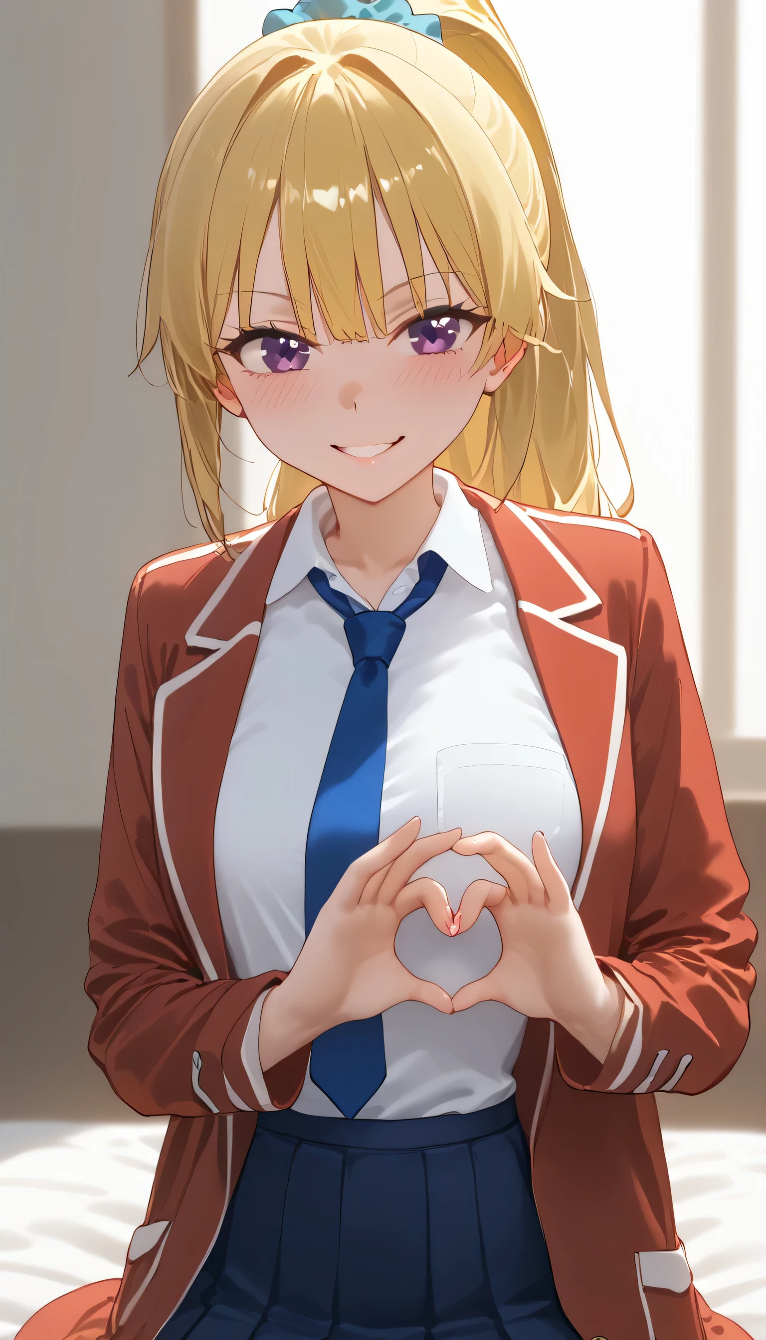 shiny skin, 1girl, KeiKaruizawa, Kei Karuizawa, ponytail hairstyle, parted lips, blue skirt, bangs, hair tie, violet eyes, blush, breasts, red coat, white shirt, small breasts, solo, looking at viewer, blonde hair, blonde hair, red coat, blue tie, blue scrunchie, white shirt, school outfit, school costume, closed mouth, long sleeves, ponytail hairstyle, collarbone, smile, large smile, full shot, full body, love, heart, hands forming a heart, heart hand