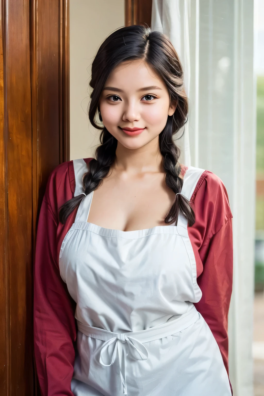 adorable, 1 girl, (face to face), , baby face, happy, medium portrait, (face details: 1), (eye details:1), ((naked big breasts)). wearing transparent transparency mini apron, .. Cute posed. proportional body. Ultra High Res. realistic: 1.4, UHD, poke ((Braid Hairstyle)) , lace (Gigantic)