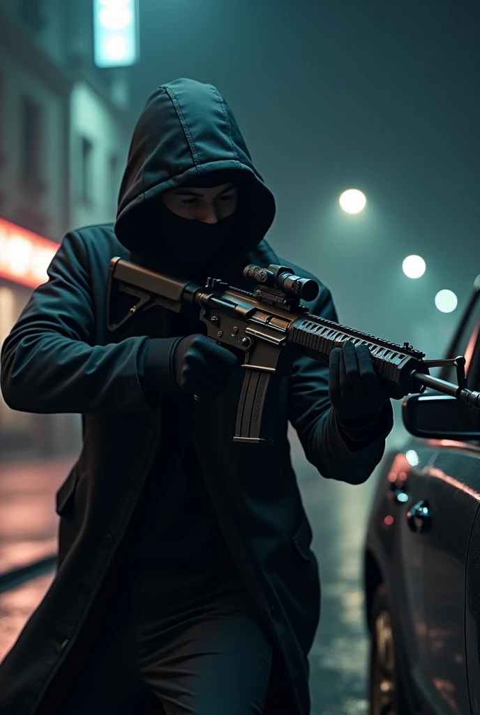Create a video of a thief robbing a car with a machine gun