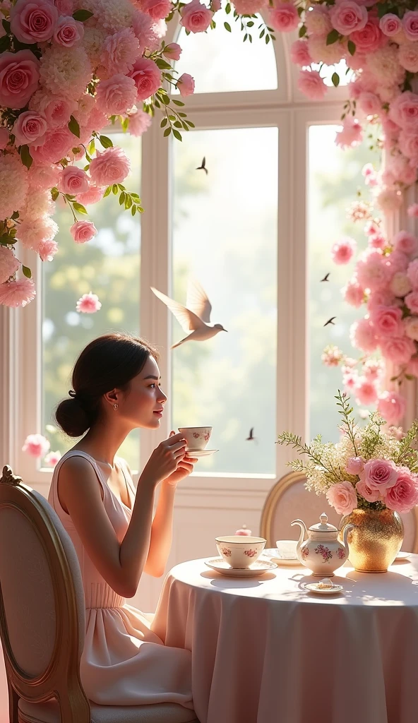Flower garden style dining room decorated in pink and white, Photorealistic,There is a woman drinking tea,Birds are flying