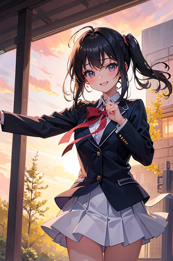 master piece , best quality , ultra detailed, Japanese, cute,
1girl, smile, 17yo, school uniform, blazer, medium breasts, two side up, cowboy shot, gravure