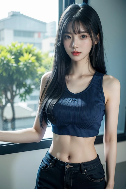 Beautiful Korean girl looks like a 4D painting, (looks), straight parted hair, bangs, ideal, blue crop top with text print, shorts, standing (window background), colorful, studio lights, soft light, dim light, 3D animation, looking at viewer, chest, blue hair,