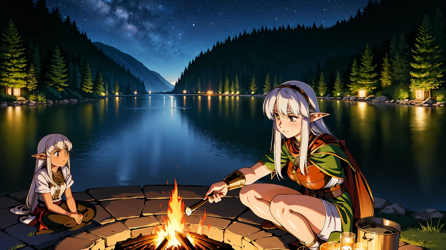 A serene riverside setting at night, where a female elf adventurer with long, flowing silver hair is camping by a warm, glowing campfire. The elf has pointed ears and a mystical aura, wearing elegant leather armor adorned with intricate elven designs and a dark green cloak. She sits gracefully on a log near the fire, her face illuminated by the flickering flames, with a thoughtful and serene expression. Around her, there are some simple camping gear, like a small tent, a backpack, and a cooking pot hanging over the fire. The river flows gently beside her, reflecting the light of the starry sky and a crescent moon. The atmosphere is magical and peaceful, with the sounds of nature and the crackling of the fire creating a sense of solitude and wonder.