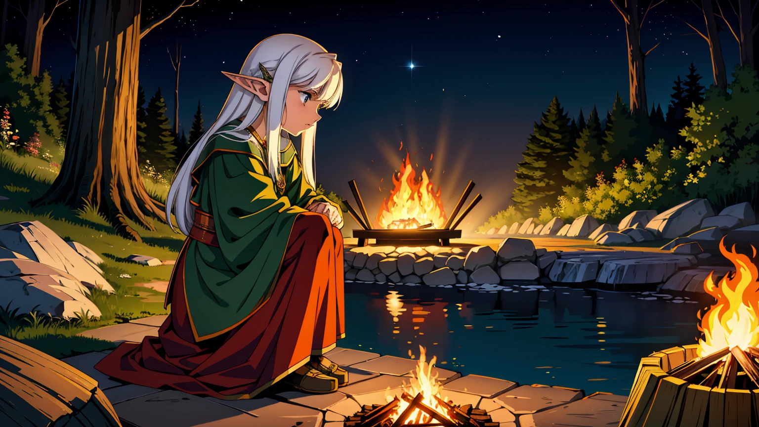 A serene riverside setting at night, where a female elf adventurer with long, flowing silver hair is camping by a warm, glowing campfire. The elf has pointed ears and a mystical aura, wearing elegant leather armor adorned with intricate elven designs and a dark green cloak. She sits gracefully on a log near the fire, her face illuminated by the flickering flames, with a thoughtful and serene expression. Around her, there are some simple camping gear, like a small tent, a backpack, and a cooking pot hanging over the fire. The river flows gently beside her, reflecting the light of the starry sky and a crescent moon. The atmosphere is magical and peaceful, with the sounds of nature and the crackling of the fire creating a sense of solitude and wonder.