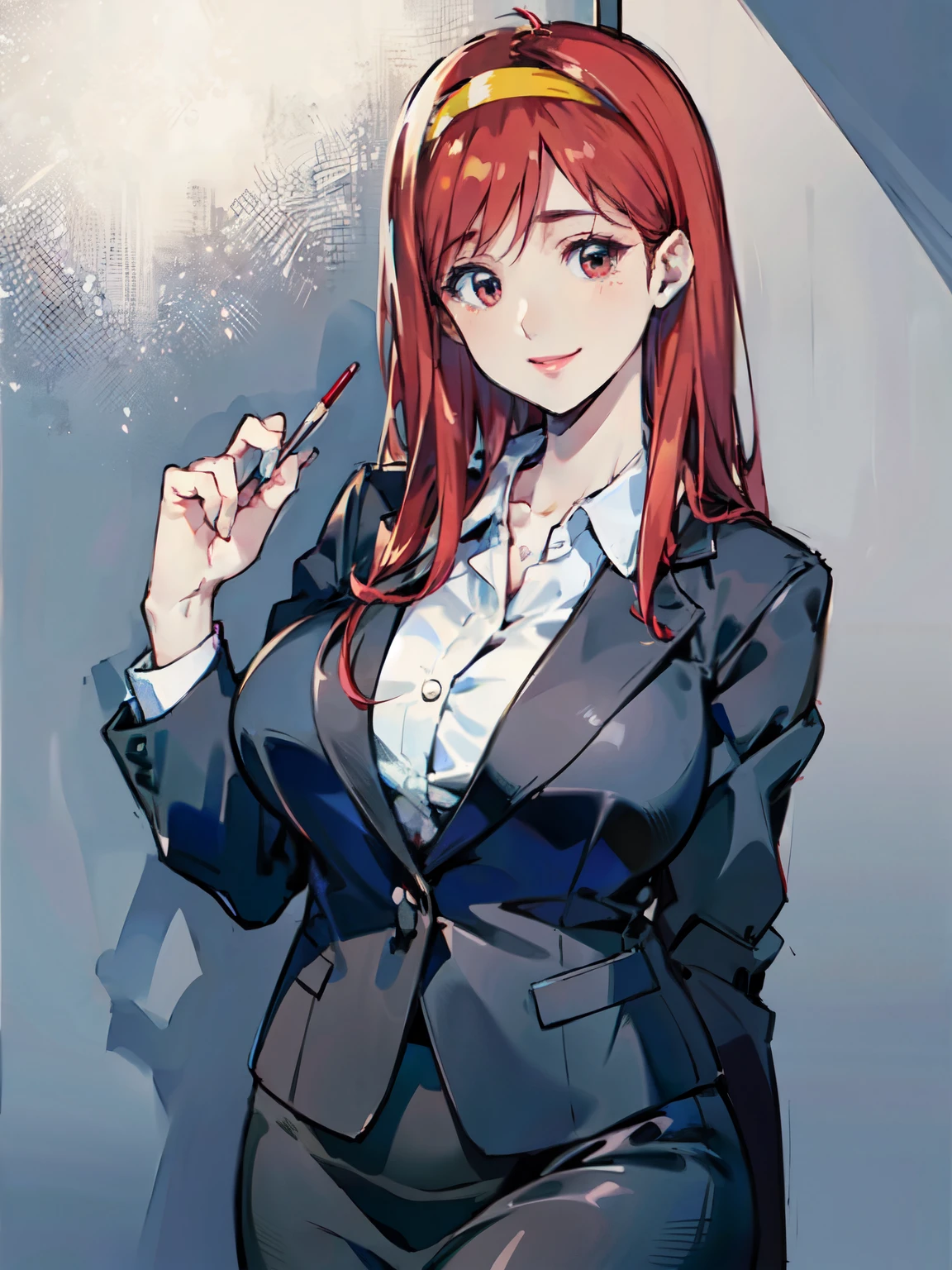 fujisaki shiori, cowboy shot, secretary, lipstick((masterpiece)), ((best quality)), (ultra-detailed), ((extremely detailed)), 4K, (8K), mature female, solo, house wife, 48years old(perfect anatomy:1.3), (five fingers), , ((beautiful detailed red hair)), (((world-class quality))), photorealistic, extremely detailed, high resolution, (detailed shaded pretty face), (mature lady), (beautiful detailed eyes), ((glowing detailed skin and hair)), white-skinned, shiny skin((gleaming skin))smile, shiny, plump BREAK (yellow hairband:1.2), wearing Dark Gray pencil Skirt, wearing Dark Gray business suit, wearing Dark Gray Jacket, White blouse, milf office lady BREAK 
