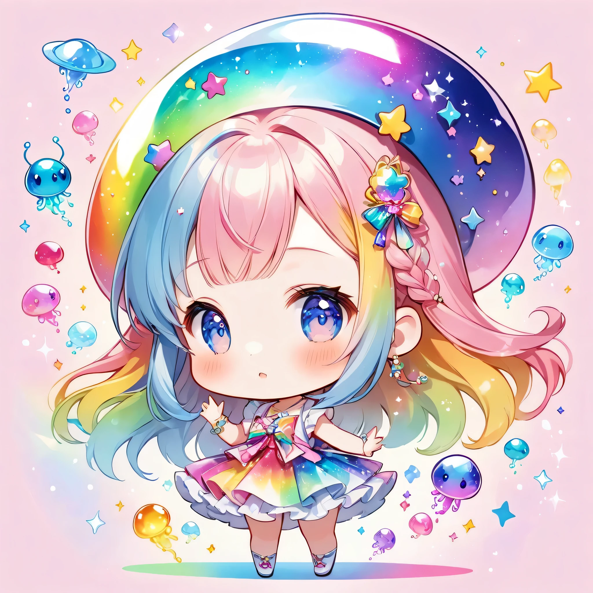 Momoko Sakura colorful style, The most beautiful girl of all time, (((chibi))), (((かくれんぼ))), Cute Aliens, All in one, Tshine in fantastical rainbow colors,and a completely melted jelly fusion, Holographic sparkling reflections, Create an engaging impression on your audience
