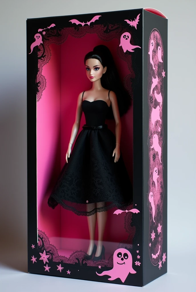 Box for Barbie doll made of cardboard. The box should be black and pink. The box should have a feminine and gothic style, with details of ghosts and bats. The front of the box should be clear acetate so the doll can be viewed.