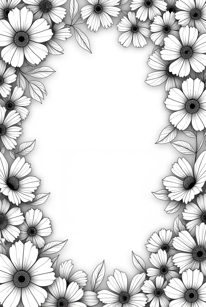 Make me a black and white template to color many flowers, big and pretty flowers that cover the whole page