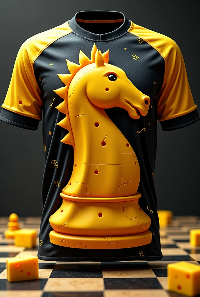 Genera una imagen de un diseño de playera deportiva para el club de ajedrez chess con queso 🧀♟️ recuerda usar colores como el amarillo queso y negro... Add a design for the front and back of the shirt