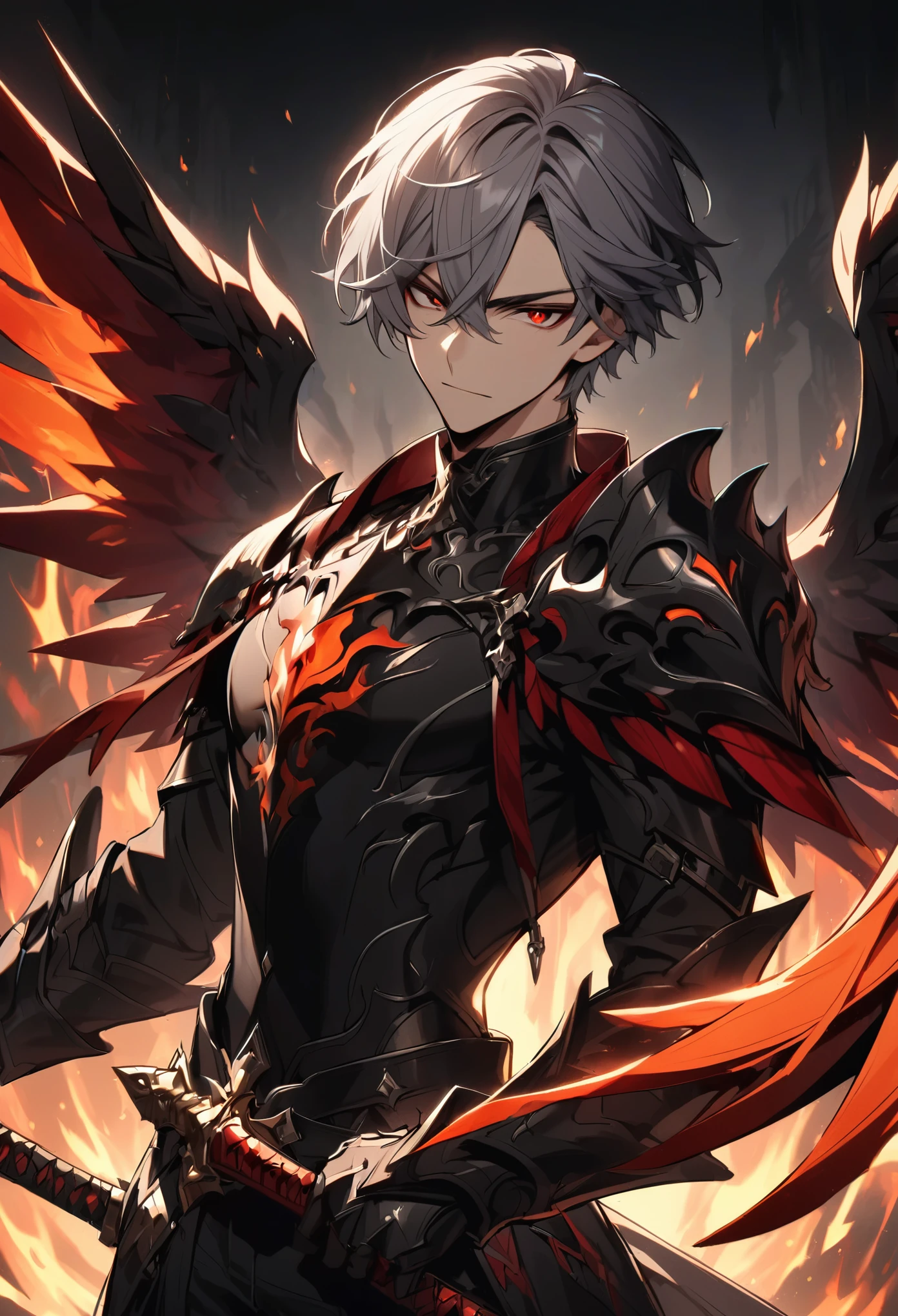 solo, handsome, 1 male, short hair, grey hair, red eyes, black armor, fire wings, swords, flame
