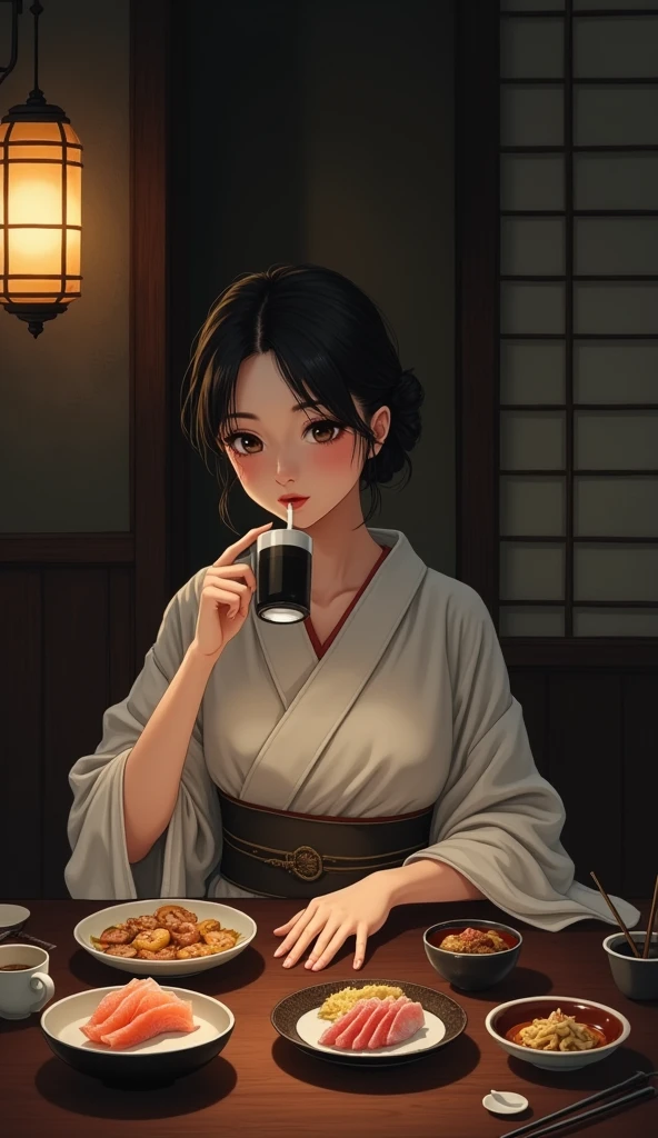 A woman drinking sake from a ceramic tokkuri and sake cup、Soft Light、Skewers、sashimi、yukata、Backlight、Dark interior、Old furniture