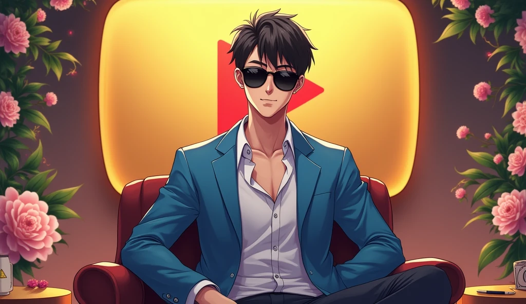 A Anime man character with blue sky jacket sit on chair with black sunglasses and front side table and background side golden play button and flowers and show pics image size 16:9 character youtuber tube Sensei jaise hona chaiye 
