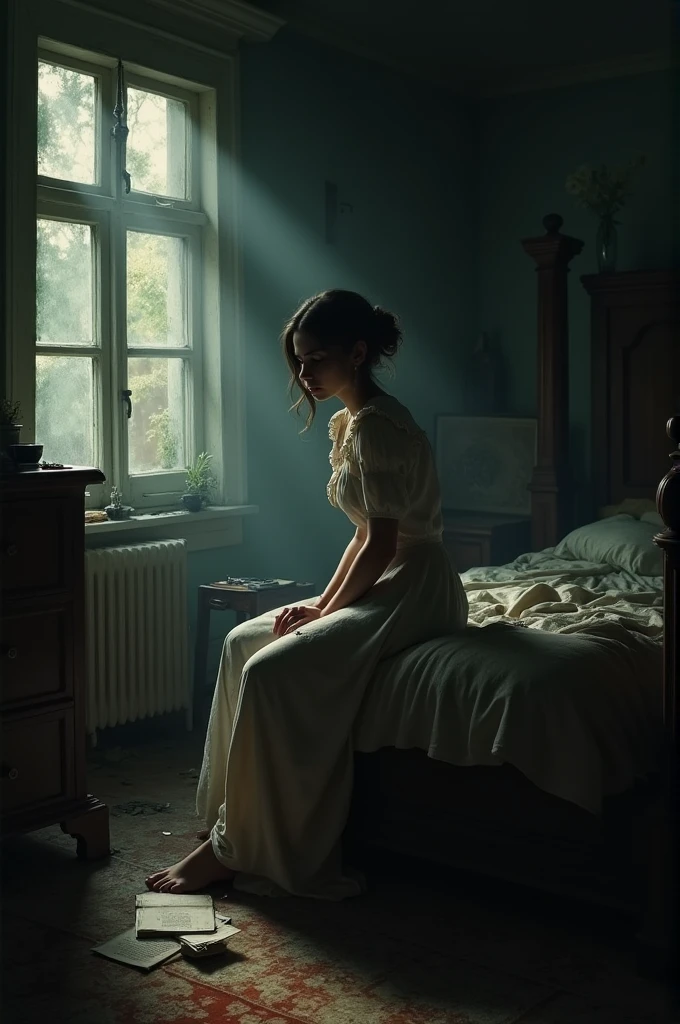 A simple dimly lit Victorian era messy room and a girl sitting on the bed