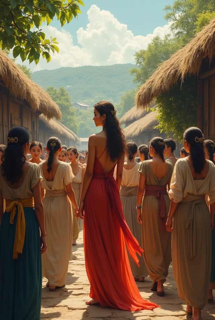 A big village with people and highlights the woman being admired by the people around