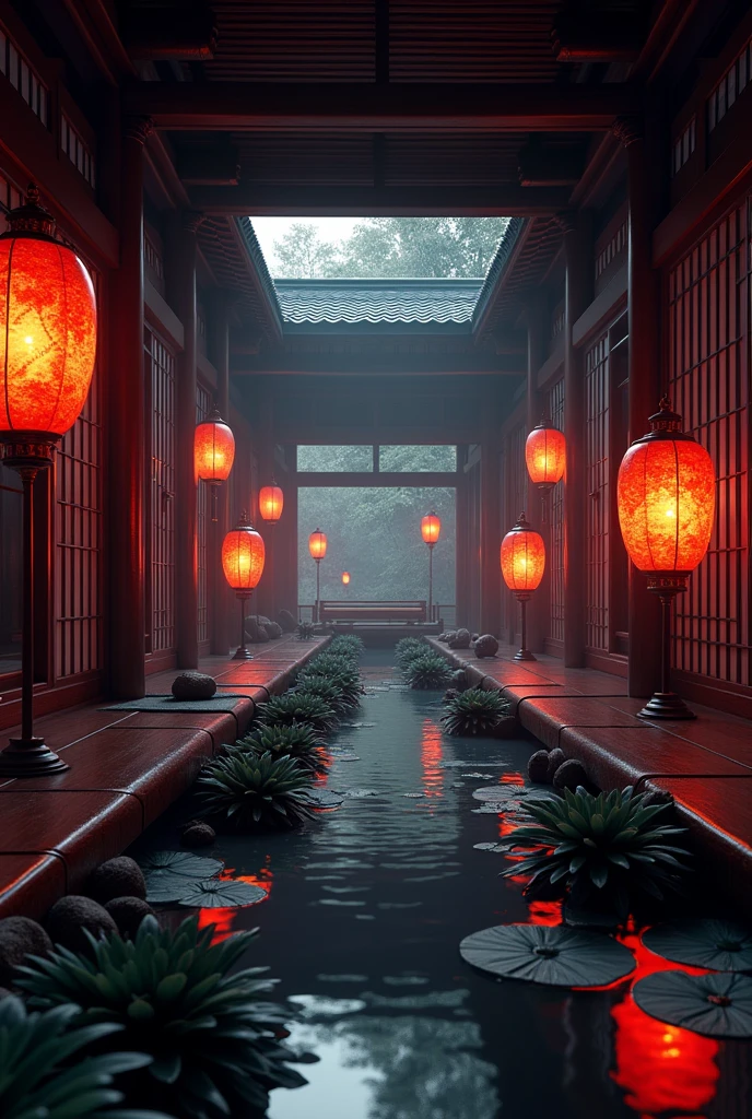 In a large enclosed room, there is a corridor with a veranda and sliding doors on both sides, and a river-like path continues on. There are water plants in the river, and deep, glowing lanterns. The overall atmosphere is black and red. The Japanese-style lanterns and sliding doors are beautifully decorated.