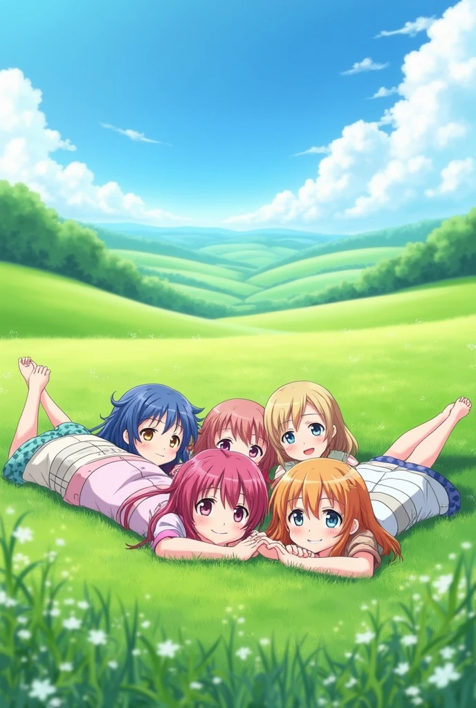 Five anime girls lying on the field holding hands