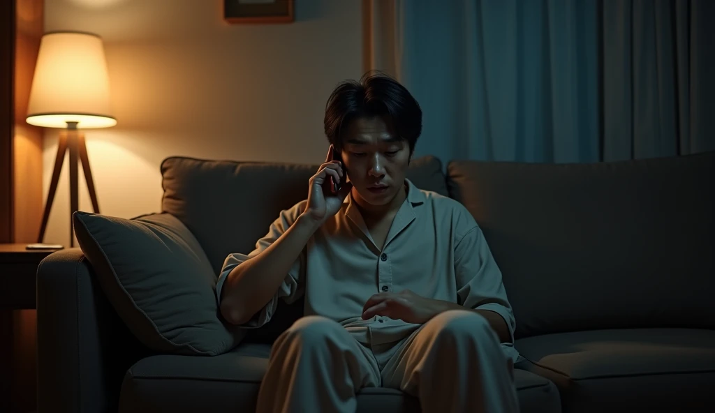 A Japanese salaryman responding to an urgent call from the office in his living room late at night. The scene is realistic, capturing the tension in the quiet of the night. The salaryman, dressed in loungewear, sits on the sofa with a slightly tired expression, holding his phone to his ear as he speaks seriously. The background features a dimly lit living room, softly illuminated by warm lighting, reflecting the pressure of dealing with an emergency late at night