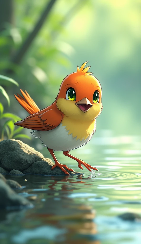 Close-up of a small bird playing by the river,Yellow-green eyes, High resolution, Illustration of movement, Background blur, Reality, Soft Light, Character Design, Anime Style,